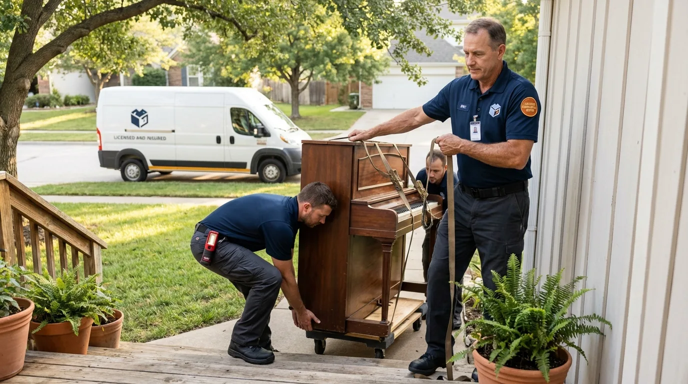 Licensed piano movers securing grand piano in Jamestown, NY