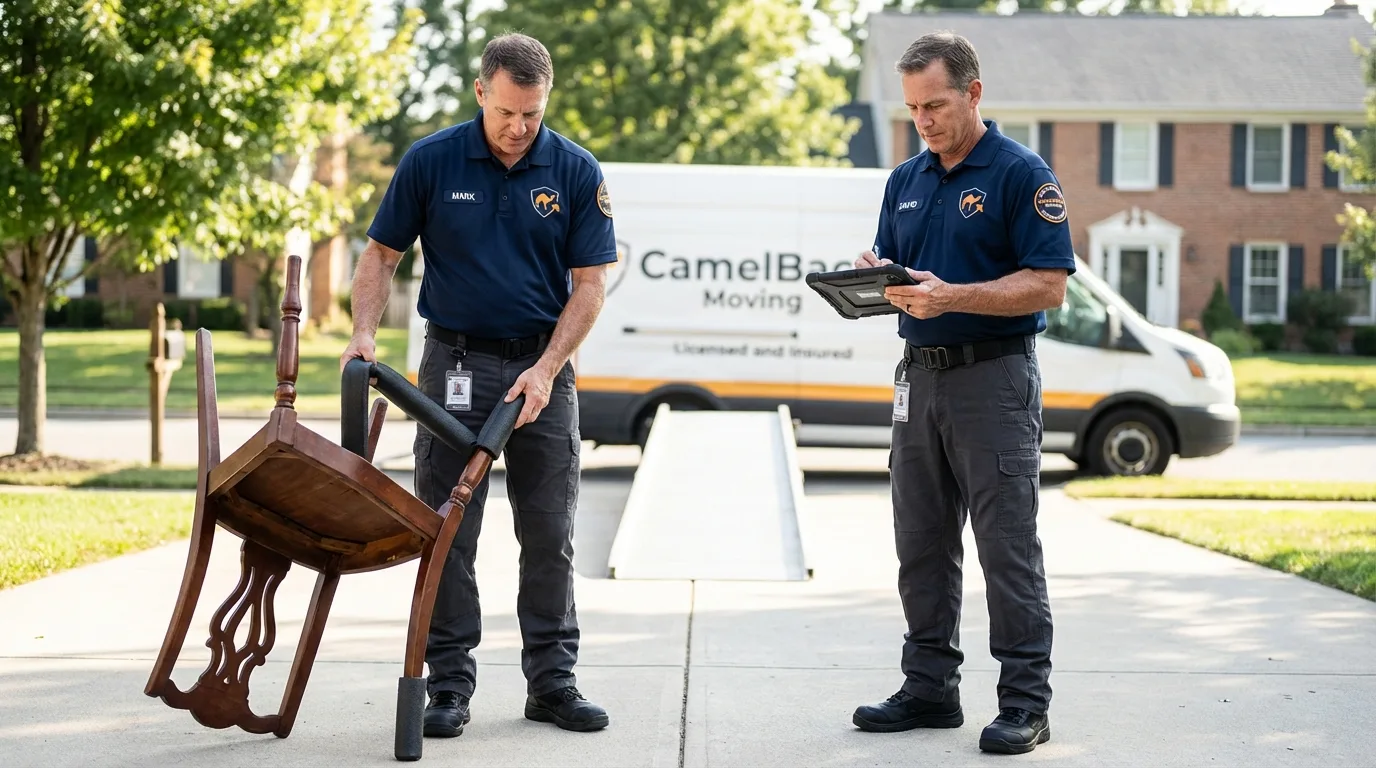 Movers inspecting furniture for damage prevention before loading in Jamestown, NY