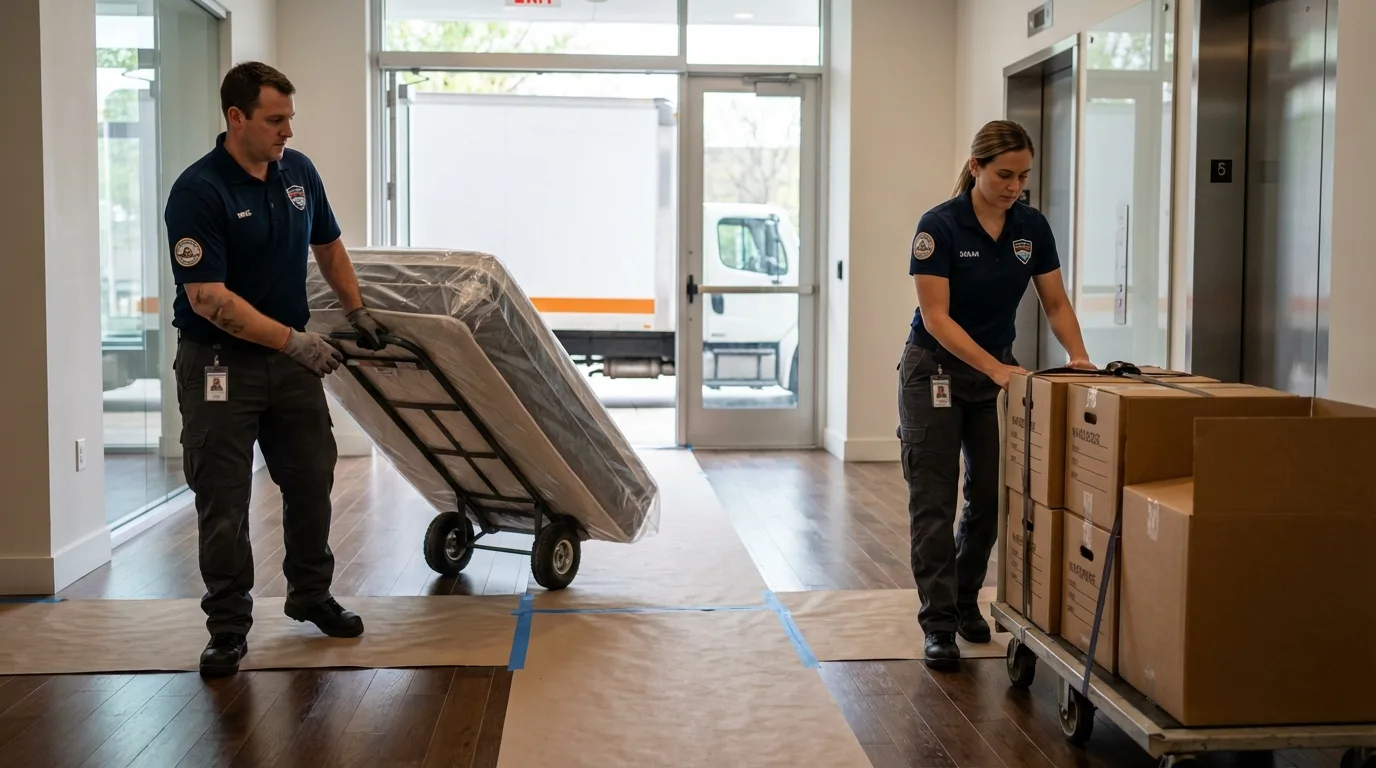 Professional apartment movers loading elevator in Jamestown, NY